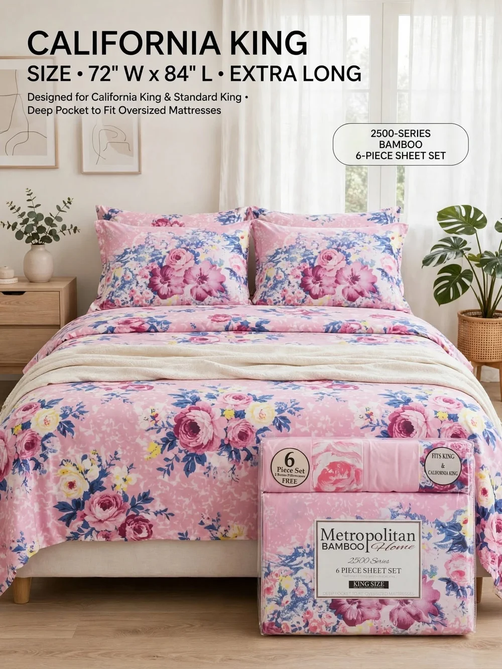 Pink Floral California King Sheet Set